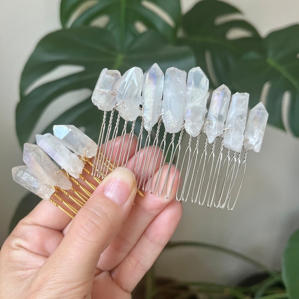 White Angel Aura Crystal Quartz Comb, White Mystic Quartz Comb, Crystal Quartz Bun Holder, Crystal Hair Accessories, handmade accessory