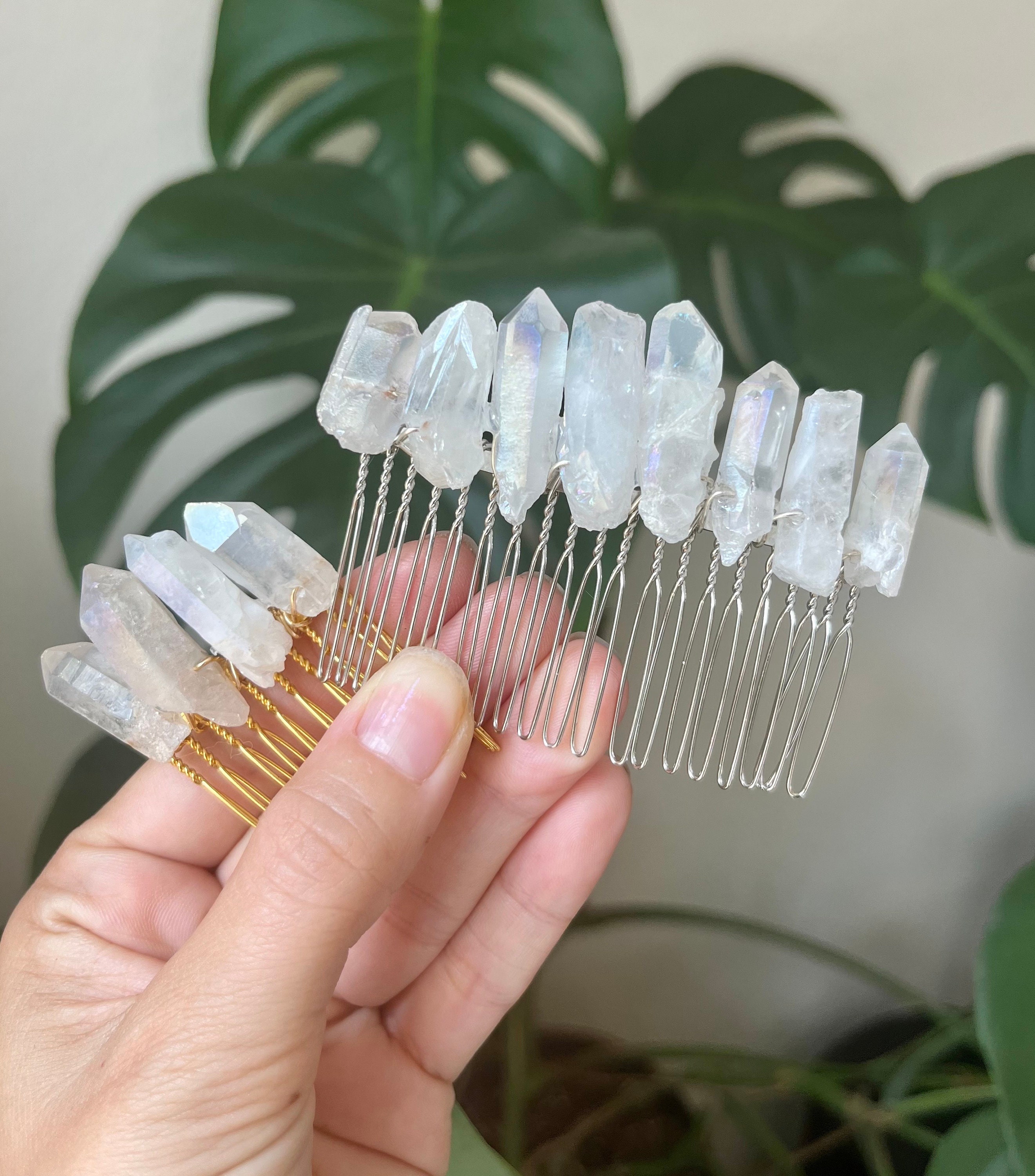 Clear Quartz Crystal Leaves Haircomb Bridal Haircomb | Vintage Silver Leaf Crystal Hair Comb  main image 3