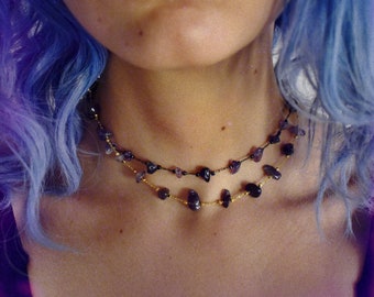 Amethyst Gold und Schwarz Choker, Februar Geburtsstein, Schichtungschoker, Februar Halskette, Amethyst Choker, Amethyst Halskette, lila Choker