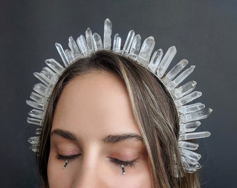 Short Spiked Crystal Halo Crown [Raw Clear Crystal Quartz Halo Crown], Handmade headband, handcrafted, Quartz Tiara, Bridal Headband