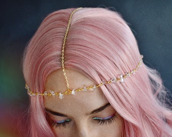 Clear Quartz Nugget Head Chain, White Gold Headchain, Hippie, Crystal Points, Festival Jewelry, Boho, Music Festival, Woodstock, 60s, 70s