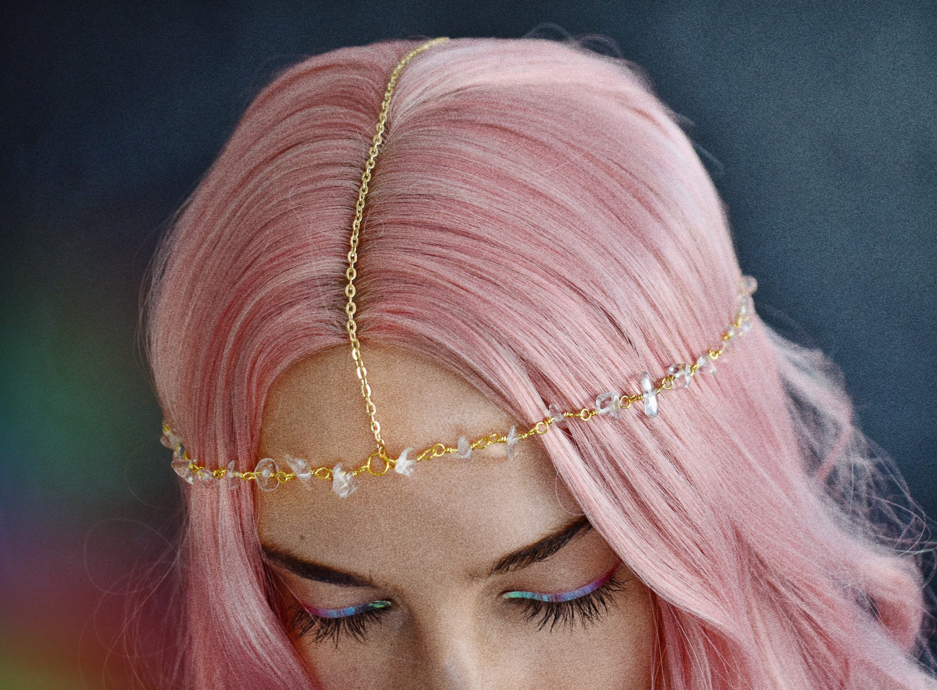 Clear Quartz Nugget Head Chain, White Gold Headchain, Hippie