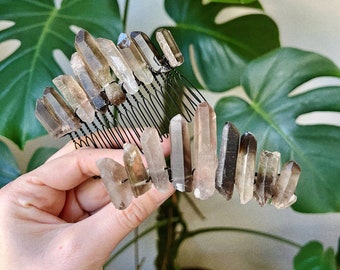 Smoky Quartz Bun Holder or Mini Tiara, Black Brown Comb, Crystal Hairclip, Wedding Hair Accessories, Accessory for Bridal Party, Gemstone