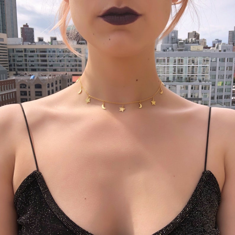Crescent Moon Fine Jewelry Boho Night Sky Gold Plated Sterling Silver Star /& Moon Choker Constellation Festival Choker Witch Zodiac