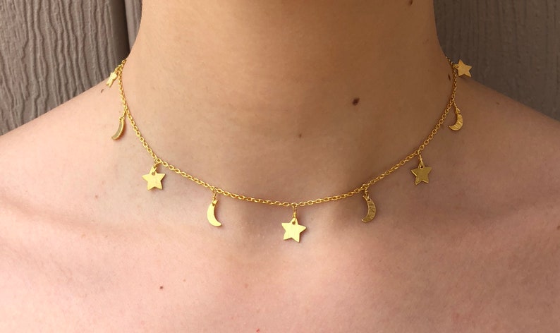 Crescent Moon Fine Jewelry Boho Night Sky Gold Plated Sterling Silver Star /& Moon Choker Constellation Festival Choker Witch Zodiac