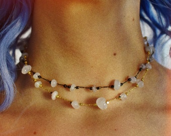 Rose Quartz Gold and Black Choker, Rose quartz necklace, pink choker, rose quartz choker, pink necklace, gemstone choker, quartz choker