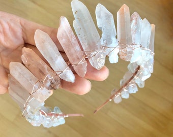 The Isabella Halo Crystal Crown [Raw Pale Pink Rose Crystal Quartz Tiara], Mermaid Crown, Bridal, Gifts for Girlfriend, Headpiece, Festival