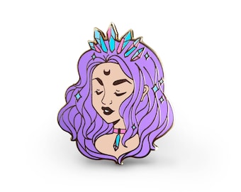 Crystal Crown Goddess Enamel Pin, Purple Hair Cosmic Moon Witch Lapel Pin for Denim Jacket or Backpack