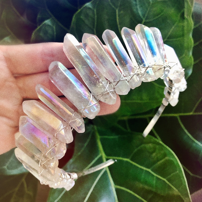 The Princess Mononoke Crown Angel Aura Raw Crystal Quartz Crown White Quartz, Bridal, Boho, Princess, Cosplay, Bridal, Bride, Wedding Polished Angel Aura