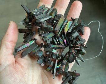 Gunmetal Black Grey Oil Slick Crystal Quartz Points, Green Point Beads, Drilled Crystals for Crafts, Necklace Making Supplies