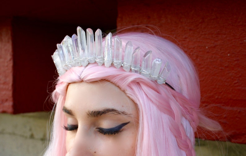 The Nomi Mermaid Crown Polished Angel Aura Tall Clear Crystal Quartz Crown / Tiara Bridal Headpiece, Meditation Crown, Iridescent Crown image 2