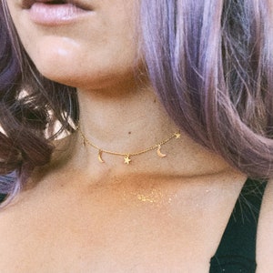 Moon and Star Choker in gold, Constellation Jewelry, Dainty choker, moon and star choker, Celestial Necklace, moon choker, cosmic choker