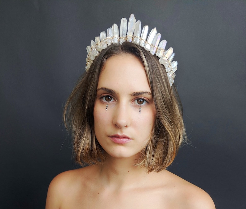 The Princess Mononoke Crown Angel Aura Raw Crystal Quartz Crown White Quartz, Bridal, Boho, Princess, Cosplay, Bridal, Bride, Wedding image 2