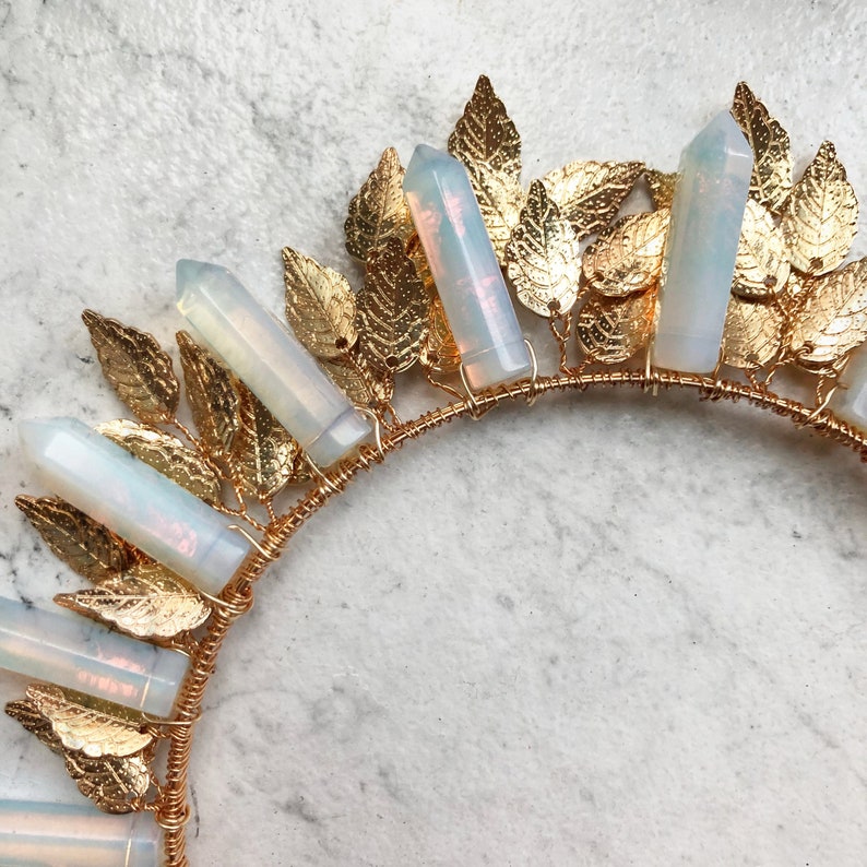 The Athena Halo Crown Leaf Opalite Crystal Crown Bridal | Etsy