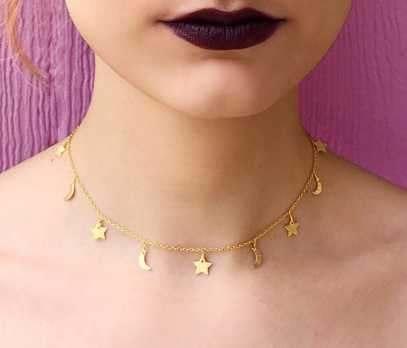 Crescent Moon Fine Jewelry Boho Night Sky Gold Plated Sterling Silver Star /& Moon Choker Constellation Festival Choker Witch Zodiac