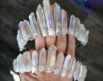 The Nomi Mermaid Crown - [Polished Angel Aura Tall Clear Crystal Quartz Crown / Tiara] Bridal Headpiece, Meditation Crown, Yoga, Iridescent