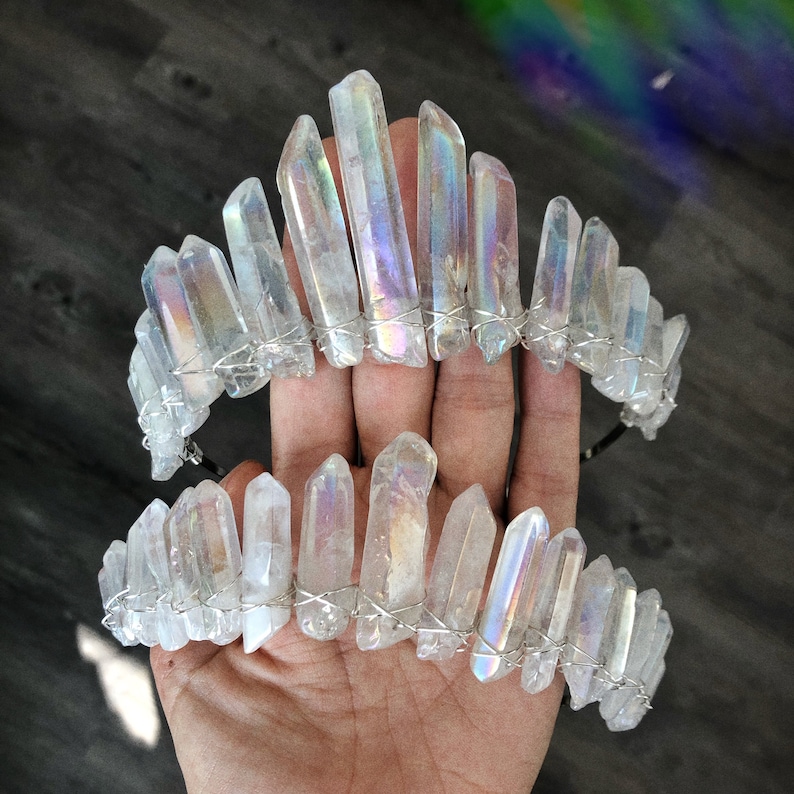 The Nomi Mermaid Crown - [Polished Angel Aura Tall Clear Crystal Quartz Crown / Tiara] Bridal Headpiece, Meditation Crown, Yoga, Iridescent 