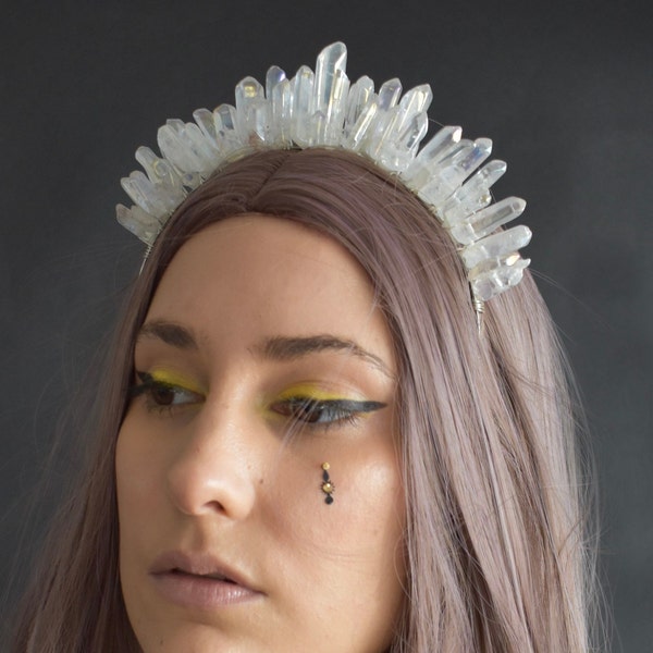The Baby Spice Halo Crown - [Angel Aura Quartz Crystal Tiara]  Celestial Bride, Full Moon Ritual Crown, Crystal Bridal Crown, Elven Tiara