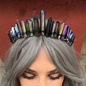 The Black Phillip [Rainbow Mystic Angel Aura Quartz & Black Smoky Quartz Crystal Crown], Goth Crown, Witch Crown, Gemstone Tiara, Carnival