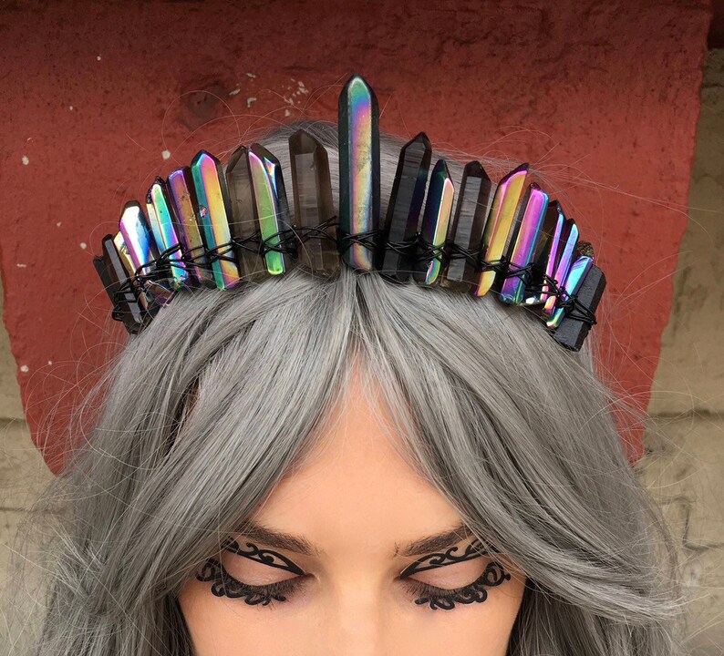 The Black Phillip [Rainbow Mystic Angel Aura Quartz & Black Smoky Quartz Crystal Crown], Goth Crown, Witch Crown, Gemstone Tiara, Carnival 