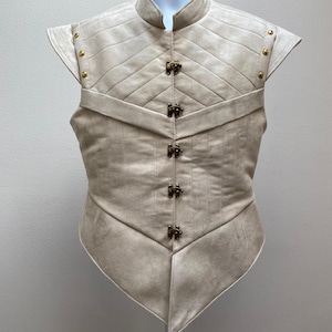 New adult men&#39;s Renaissance Medieval Elizabethan Revolutionary pirate colonial buccaneer tan suede fabric jerkin vest Cosplay costume