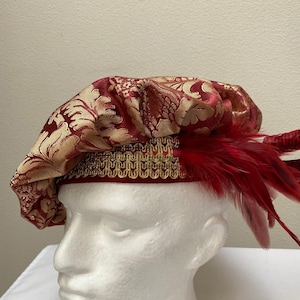 New adult Renaissance Medieval Elizabethan Revolutionary royal burgundy and gold pirate buccaneer floppy poet muffin hat costume Cosplay