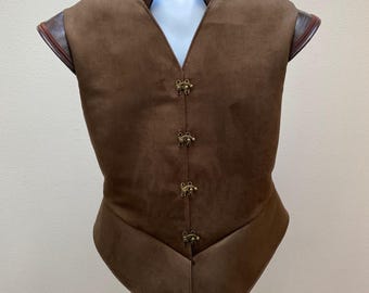 New men's brown Renaissance Medieval Elizabethan Revolutionary pirate colonial Buccaneer jerkin vest coat costume Cosplay