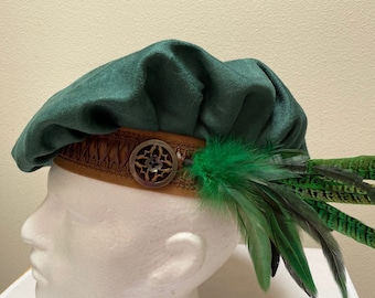 A new adult Renaissance Medieval Tudor Scottish Keltic Irish green muffin poet pirate buccaneer floppy hat cap costume Cosplay.