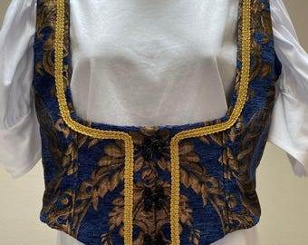 Novo traje de cosplay para adultos inspirado no Renascimento, Idade Média, Era Elisabetana, Revolução Americana, Era Vitoriana, Pirata e Colonial, com colete azul e dourado.