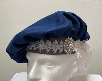 New adult Renaissance Medieval Tudor Elizabethan Cosplay blue velveteen muffin floppy poet hat costume Cosplay