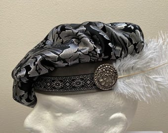 New adult black and silver brocade Renaissance Medieval Tudor Elizabethan pirate muffin floppy poet hat cosplay costume