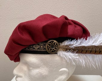 Novo adulto renascentista medieval tudor elizabetano bordô camurça pirata flácido muffin poeta chapéu boné fantasia cosplay