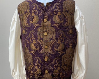 New men's Renaissance Medieval Elizabethan Revolutionary pirate colonial buccaneer gold and purple jerkin vest Cosplay costume