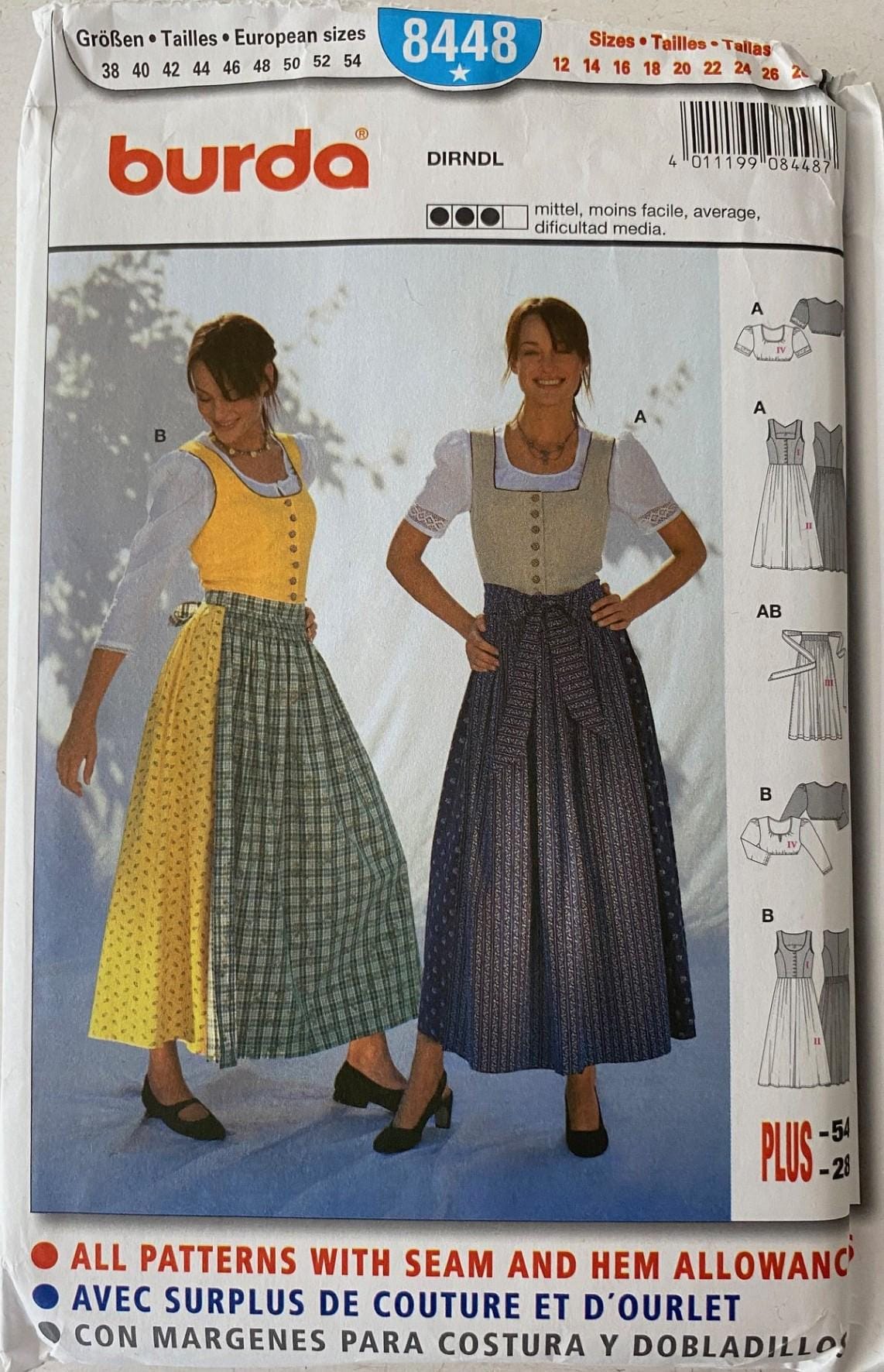 New uncut Burda 8448 German dirndl sewing pattern gown dress apron blouse costume Cosplay size 12 to 28 and 38 to 54.