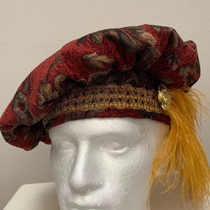 New Renaissance Medieval Tudor Elizabethan Cosplay Dark Red and Gold Brocade Floppy Poet Hat of Knowledge with Gold Feather