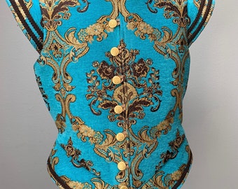 Men's Renaissance Medieval Elizabethan Revolutionary Turquoise brocade Jerkin Vest coat costume Cosplay