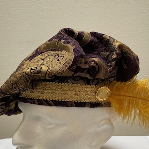 New adult Renaissance Medieval Elizabethan Victorian Revolutionary purple/ gold buccaneer colonial floppy poet muffin hat costume