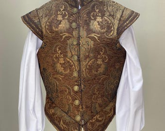 Novo colete masculino renascentista medieval elizabetano revolucionário pirata colonial bucaneiro brocado marrom jaqueta dupla fantasia cosplay