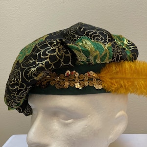 New adult Renaissance Medieval Tudor Elizabethan pirate colonial green and black brocade   muffin poet floppy hat costume Cosplay