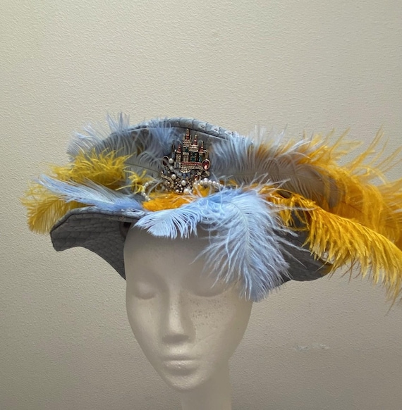 Blue Suede Hat with Yellow Ribbon and Feather Accent FUR FEATHER Wide Brim FEDORA Hat, Cream or Natural Royal  main image 2