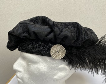 New adult Renaissance Medieval Tudor Elizabethan floppy hat black brocade cap poet muffin costume Cosplay