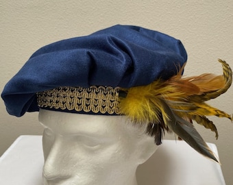 New adult Renaissance Medieval Tudor Elizabethan Revolutionary blue fabric muffin poet floppy hat cap costume Cosplay size large