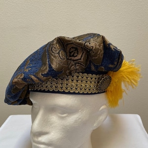 New Renaissance Medieval Tudor Elizabethan Cosplay Blue and Gold Brocade Floppy Poet Hat of Knowledge cap costume with Gold Feather Cosplay
