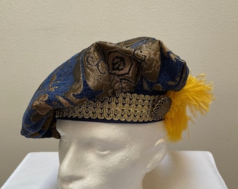 New Renaissance Medieval Tudor Elizabethan Cosplay Blue and Gold Brocade Floppy Poet Hat of Knowledge cap costume with Gold Feather Cosplay