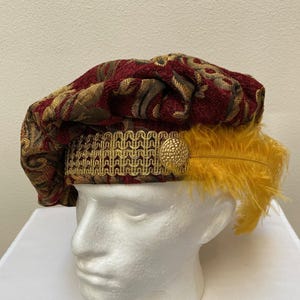 New Renaissance Medieval Tudor Elizabethan Cosplay Dark Red and Gold Brocade Floppy Poet Hat of Knowledge with Gold Feather costume Cosplay
