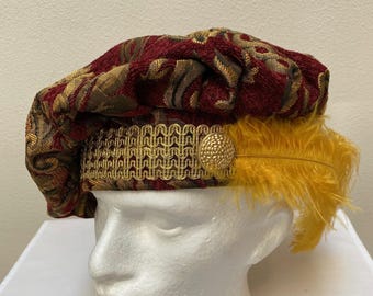 New Renaissance Medieval Tudor Elizabethan Cosplay Dark Red and Gold Brocade Floppy Poet Hat of Knowledge with Gold Feather costume Cosplay