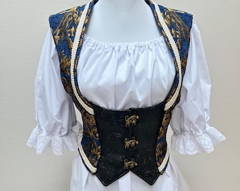 New adult women's Renaissance Medieval Elizabethan Victorian colonial blue and gold brocade vest top corset costume Cosplay