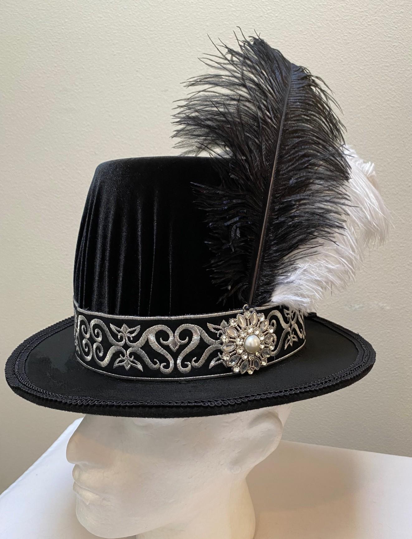 SOPHISTICATED VINTAGE BLACK VELOUR FEDORA WITH FEATHERS AND MINK TAIL TRIM Vintage Black Velvet Hat Noir 40s Feather Tilt Wide Brim  main image 2