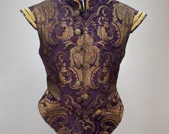 New men's Renaissance Medieval Tudor Elizabethan Cosplay colonial pirate purple brocade jerkin vest doublet costume Cosplay