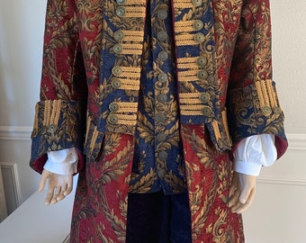 Authentic Burgundy and Blue Brocade Full Length Renaissance Medieval Revolutionary Buccaneer Pirate Coat costume Cosplay